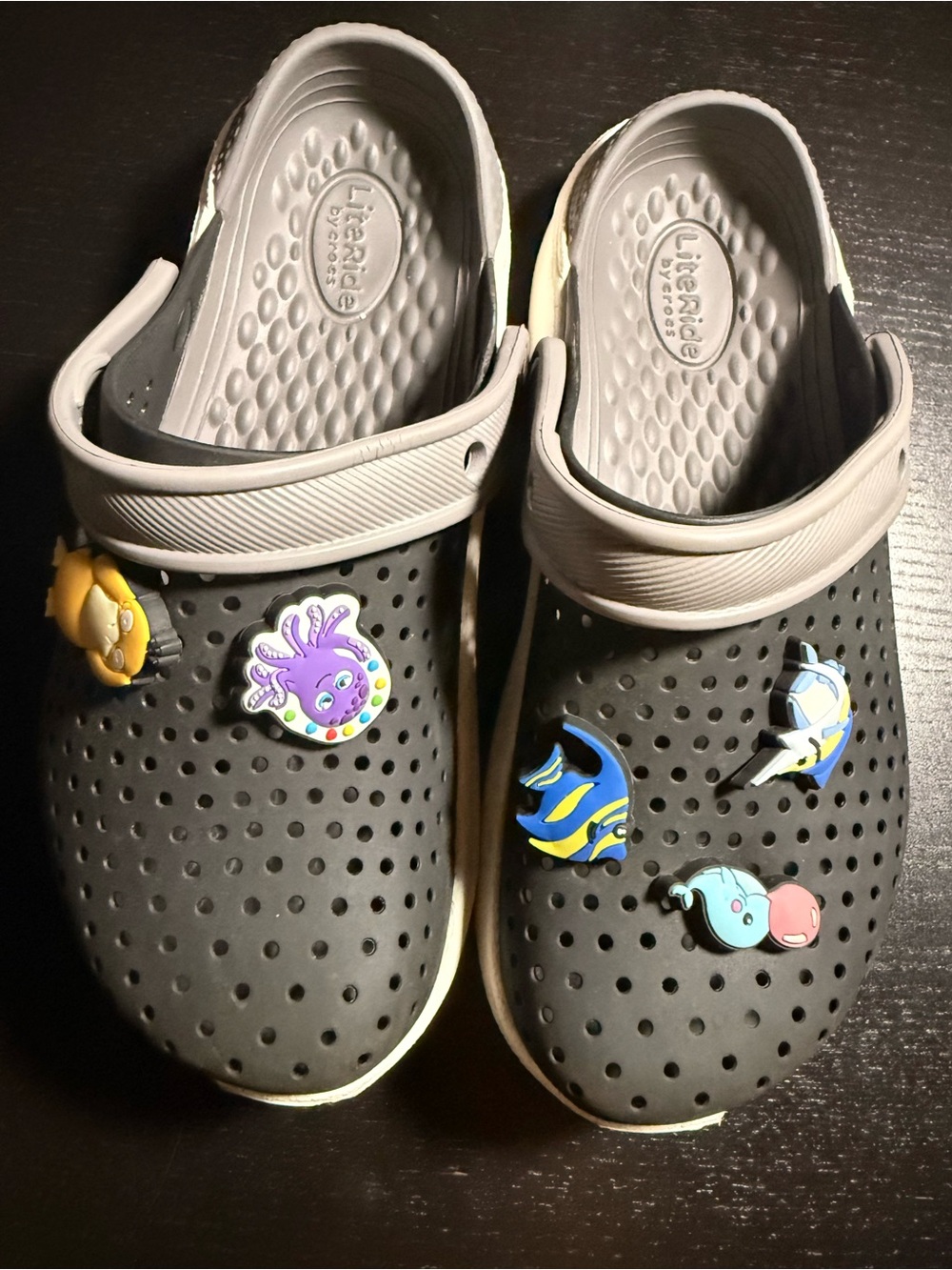 Crocs Clogs J2 Kids LiteRidw Black&Gray - Used - Great Condition .